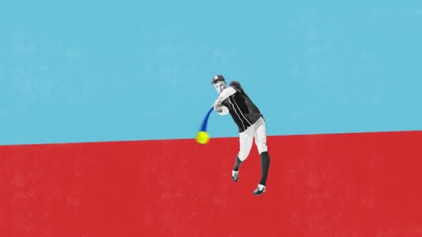 Концентрований молодий чоловік, спортсмен грає в бейсбол на синьому червоному тлі. Переможець. Зупинити рух, анімацію. Яскравий барвистий дизайн. Концепція молодіжного, спортивного способу життя, змагань, чемпіонату - Кадри, відео