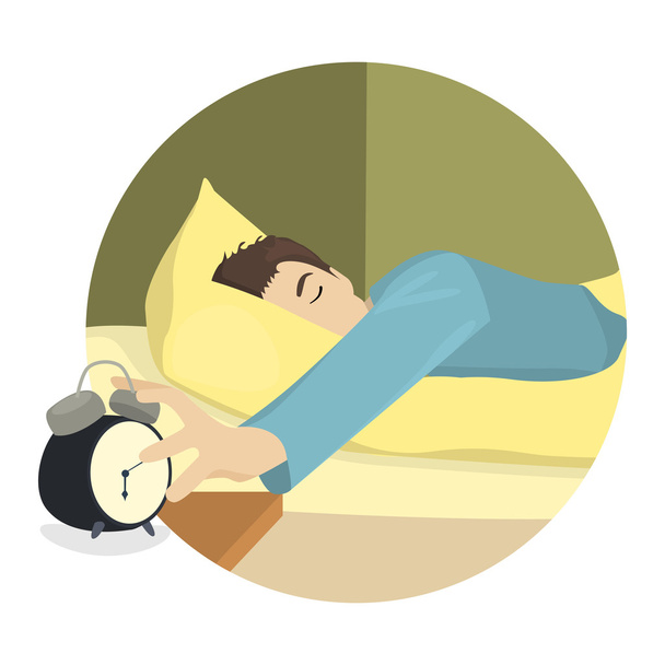 Сонный человек выключает будильник, плоский дизайн
 - Вектор,изображение