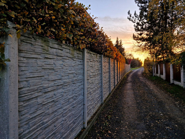 Nézd meg a kerítéspanelek drótkerítésének szerelését. A panelek betonozott oszlopokhoz vannak erősítve. Egy ösvény a kertek között, ahol a gyertyán sövényként nő. levelek színezése ősszel. - Fotó, kép
