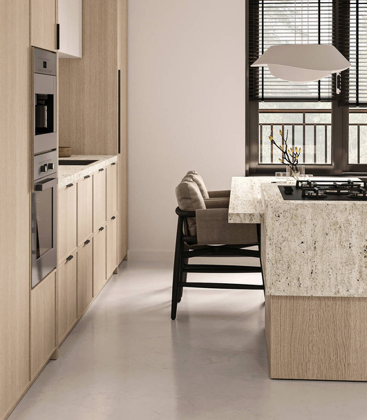 3d-рендеринговая кухня может похвастаться первоклассными кухнями, деревянными шкафами и каменным островом со стильным сидячим местом под современной лампой. - Фото, изображение
