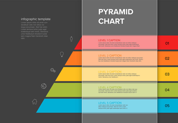 Vector Infographic stipe layers template with five levels - color pyramid template on dark background with icons, triangle pyramids and descriptions and transparent block - Vector, Image