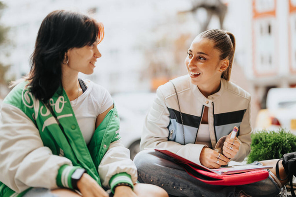 Zwei Mädchen lernen gemeinsam im Freien, besprechen Schulfächer und helfen sich gegenseitig bei den Hausaufgaben - Foto, Bild
