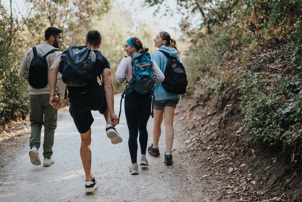 A group of friends hiking in the forest, enjoying conversations and the natural environment on a sunny day. Perfect for adventure travel and healthy outdoor activities. - Photo, Image