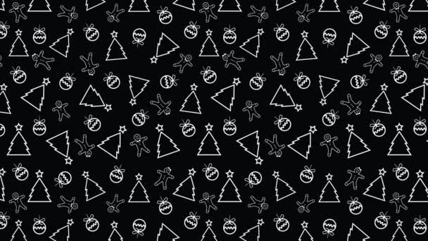 4k black and white animated motion pattern for Christmas or New Year Backgrounds. Christmas trees, Christmas balls and cookies outline texture on black background. - Footage, Video