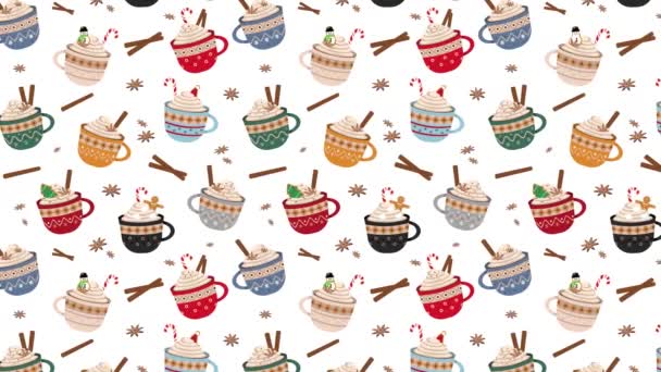 4k animated Christmas cute mugs motion pattern with cocoa or coffee sweet cream gingerbread cookies candy canes cinnamon sticks and vanilla flowers Decorative ornamental holiday coffee cups texture - Footage, Video