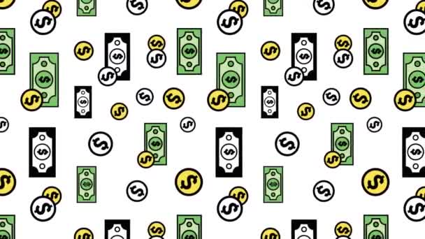4k Animated Dollar Munten en Papers Motion Pattern Icons Ontwerp. Amerikaanse Dollar Animated Texture. Kan gebruikt worden als achtergrond, banner of kaart sjabloon. Economie Concept Bewegingspatroon Ontwerp Dollars Pictogrammen. - Video