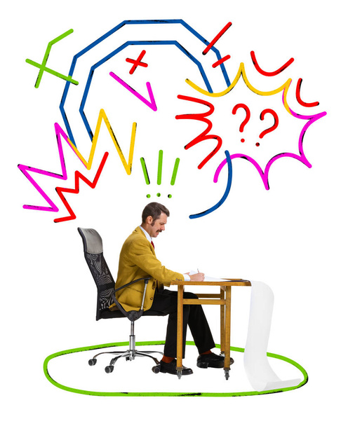 Contemporary art collage. Man sitting at table and doing his work tasks while deadlines burns. Modern colorful abstract scribble drawings. Concept of business, motivation, career growth, development. - Photo, Image