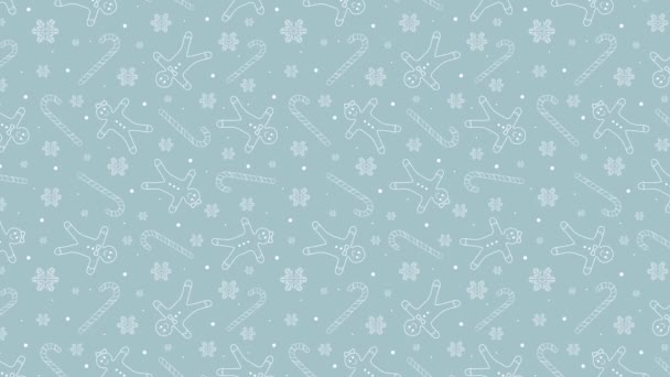 4k grijs en wit geanimeerde bewegingspatroon voor Kerstmis of Nieuwjaar Achtergronden. Kerstbomen, kerstballen en koekjes schetsen textuur op zwarte achtergrond. - Video