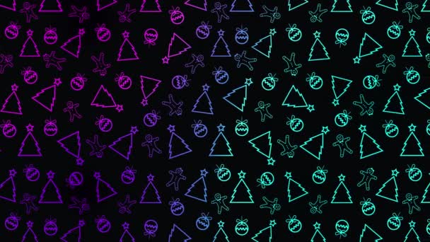 4k animated μοτίβο κίνησης για τα Χριστούγεννα ή Πρωτοχρονιά Backgrounds. Χριστουγεννιάτικα δέντρα, μπάλες και μπισκότα σκιαγραφούν την υφή σε μαύρο φόντο. Πολύχρωμο φως νέον - Πλάνα, βίντεο