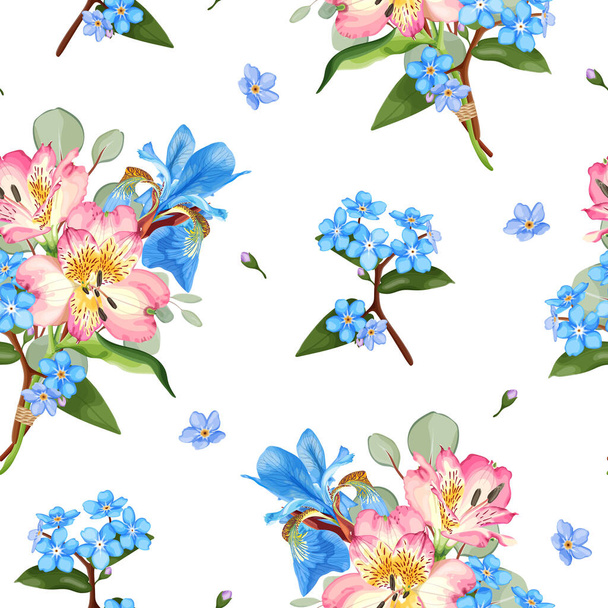 Seamless floral pattern with pink alstroemeria, blue iris and forget-me-not. Stock vector illustration on a white background. - Vector, Image