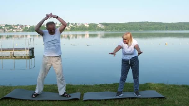 Ηλικιωμένο ζευγάρι κάνει ασκήσεις γυμναστικής κοντά στη λίμνη. Καλοκαίρι πρωί. - Πλάνα, βίντεο