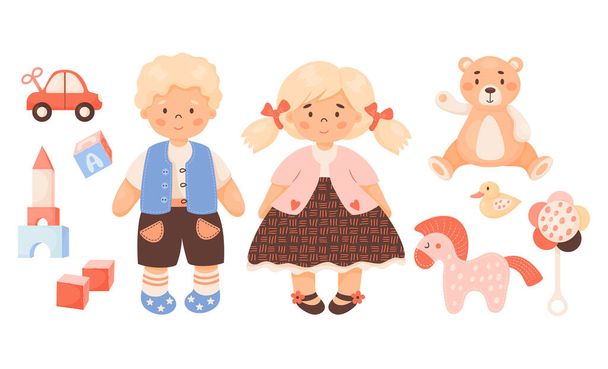 Коллекция детских игрушек. Симпатичная девочка с косичками и блондинкой, кукла, плюшевые игрушки, медвежонок, кубики, лошадь с уткой и машиной. Векторная иллюстрация. Изолированные детские предметы в стиле мультфильма - Вектор,изображение