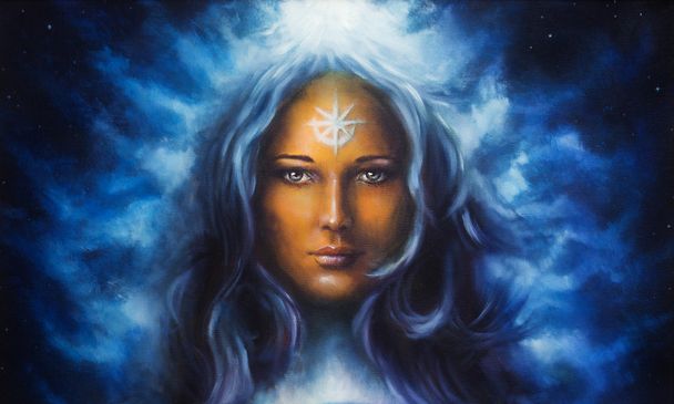 Spiritual painting, woman goddess with long blue hair holdingn eye contact - Photo, Image