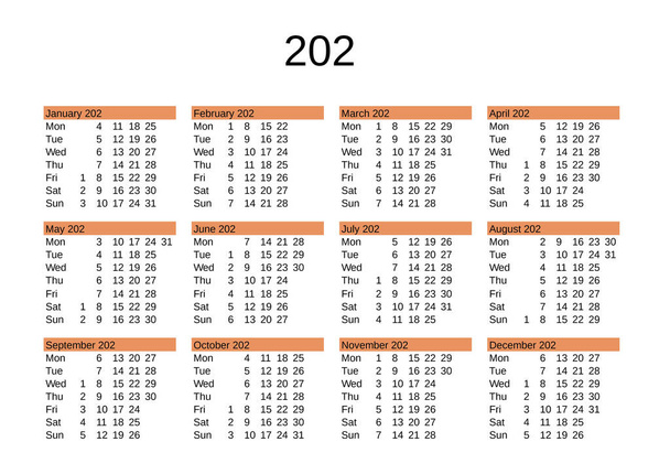 calendar of year 202 in English language - Vector, Image