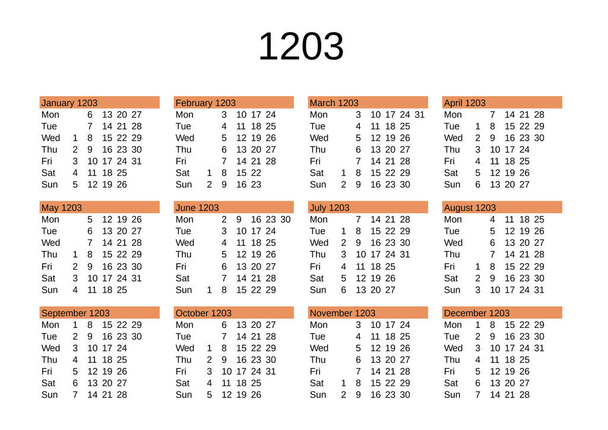 calendar of year 1203 in English language - Vector, Image