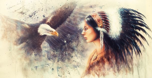 bela pintura aerógrafo de uma jovem mulher indiana vestindo uma linda cobertura para a cabeça de penas, com uma imagem espíritos de águia
 - Foto, Imagem