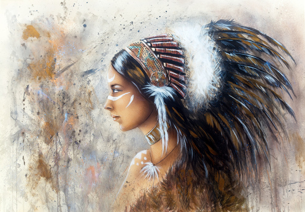 Gemälde einer jungen Indianerin mit einer großen Federkopfbedeckung, einem Profilporträt auf strukturiertem abstrakten Hintergrund - Foto, Bild
