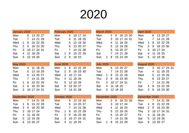 calendar of year 2020 in English language - Vector, Image