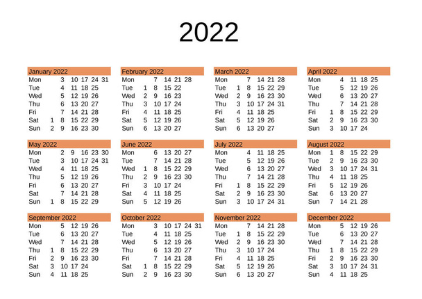 calendar of year 2022 in English language - Vector, Image