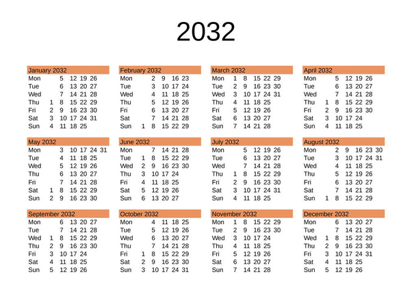 calendar of year 2032 in English language - Vector, Image
