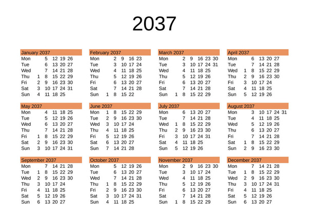 calendar of year 2037 in English language - Vector, Image