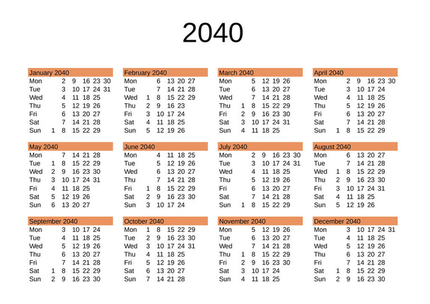 calendar of year 2040 in English language - Vector, Image