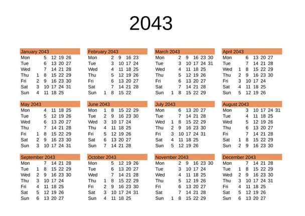 calendar of year 2043 in English language - Vector, Image