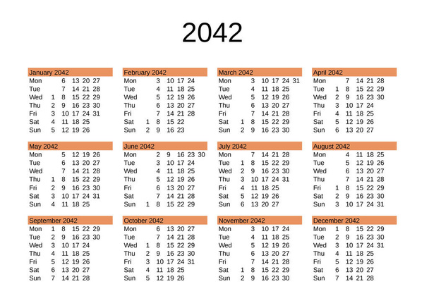 calendar of year 2042 in English language - Vector, Image