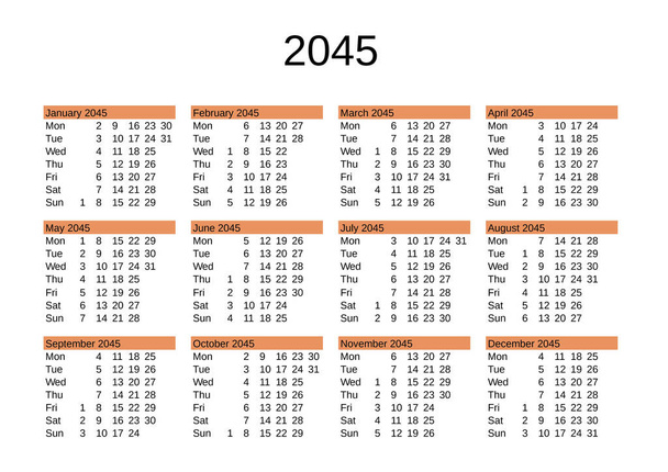 calendar of year 2045 in English language - Vector, Image