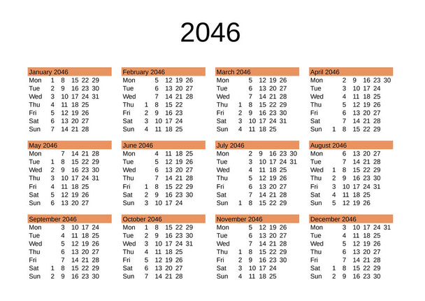 calendar of year 2046 in English language - Vector, Image