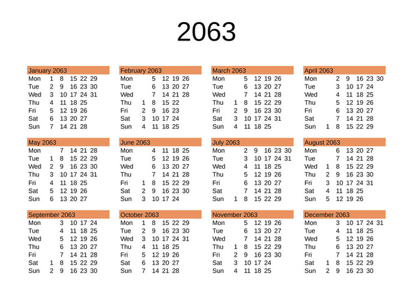 calendar of year 2063 in English language - Vector, Image