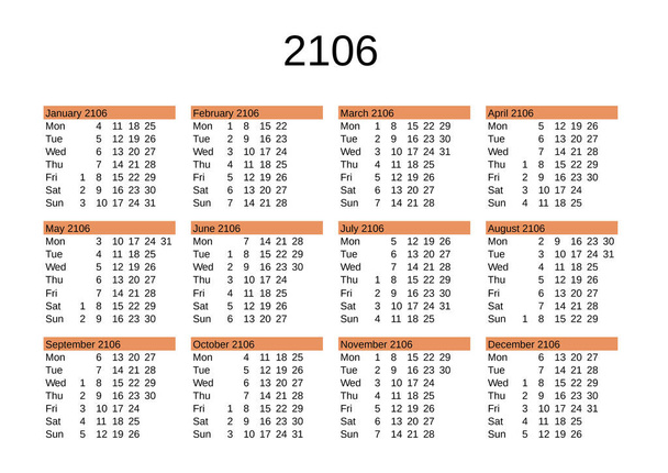 calendar of year 2106 in English language - Vector, Image