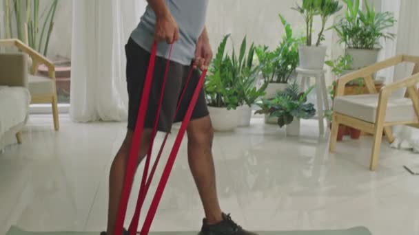 Tilt up side view shot of muscle man in sportswear κάνοντας όρθιες σειρά άσκηση με μπάντα αντίστασης κατά τη διάρκεια της κατ 'οίκον προπόνηση στο σαλόνι - Πλάνα, βίντεο