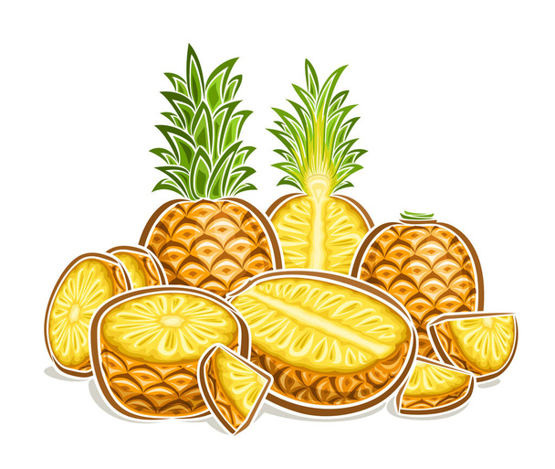 Logotipo do vetor para abacaxi, cartaz horizontal decorativo com ilustração de contorno de composição de abacaxi suculento, desenho animado impressão frutada com muitas partes de abacaxi picado cru no fundo branco - Vetor, Imagem