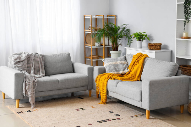 Интерьер современной гостиной с серыми диванами - Фото, изображение
