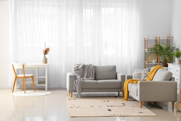 Інтер'єр сучасної вітальні з сірими диванами - Фото, зображення
