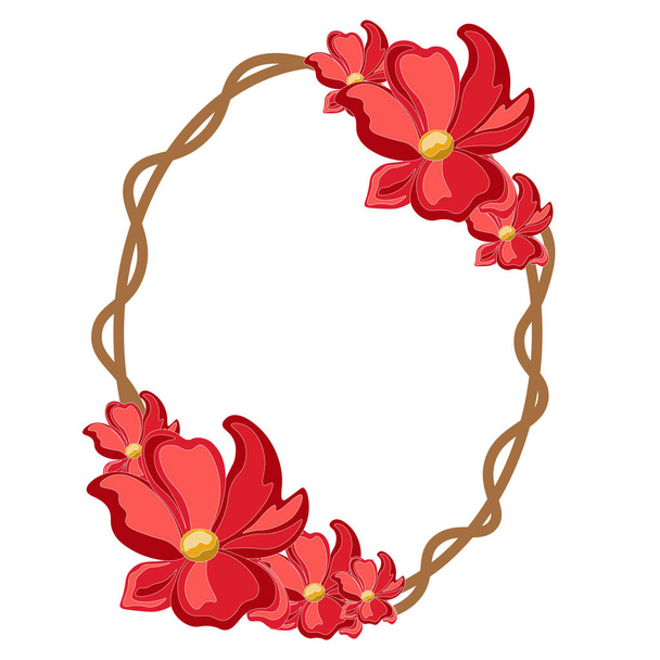 Ellipse cadre floral, bordure ovale avec fleur rouge ornement vectoriel illustration - Vecteur, image