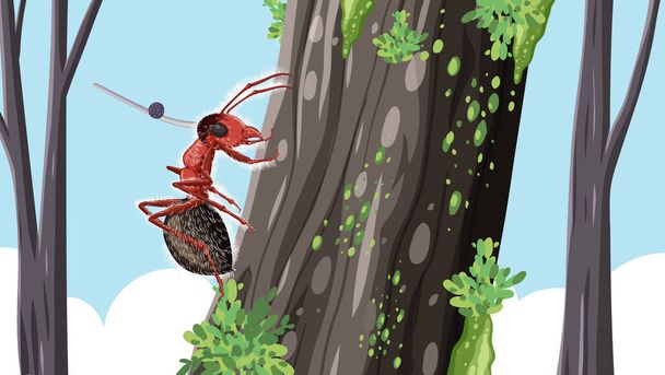 Een vector cartoon illustratie van een mier geïnfecteerd met schimmels cordyceps lopen op een boom - Vector, afbeelding
