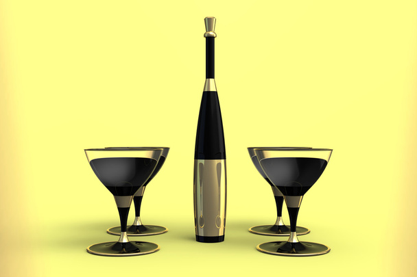 Стаканы для мартини и бутылка с золотой этикеткой
. - Фото, изображение