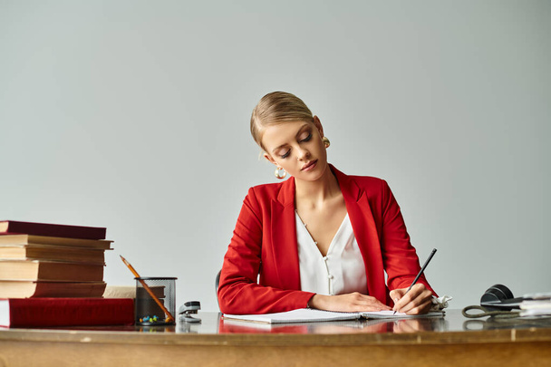 красивая молодая женщина в элегантной яркой куртке делает заметки во время упорной работы в своем офисе - Фото, изображение