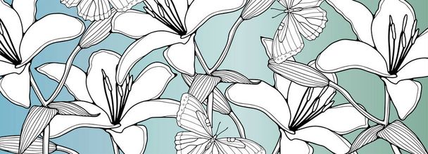 Черно-белые цветы лилии с листьями и бабочками на градиентном сине-зеленом фоне. Цветочная открытка, баннер, плакат, фон, обои - Вектор,изображение