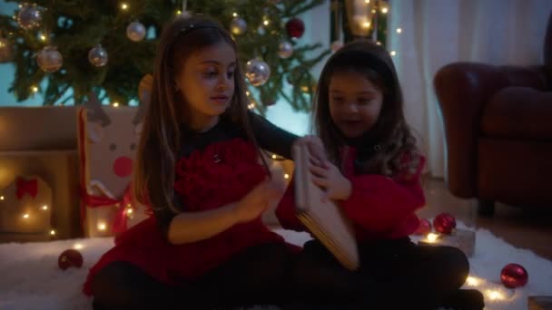 Dos hermanas jóvenes jugando bajo el árbol de Navidad .  - Metraje, vídeo