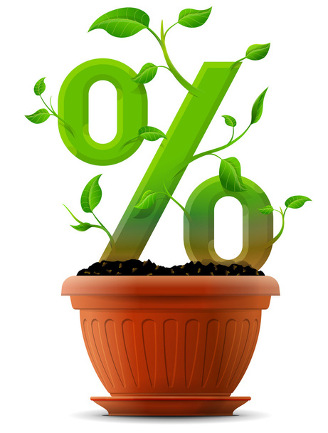 Growing percentage symbol as plant with leaves in flower pot - Vector, Image