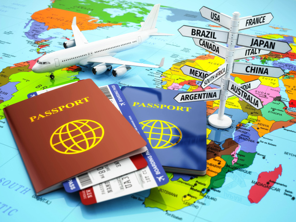 Concepto de viaje o turismo. Pasaporte, avión, billetes de avión y de
 - Foto, Imagen