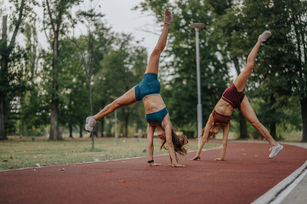 Flips and Cartwheels: Athletic Sisters Embrace Fitness in Natures Playground - Fotoğraf, Görsel