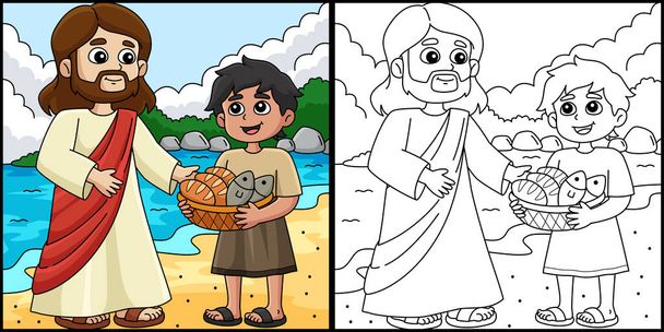 Cette page à colorier montre un Jésus chrétien nourrissant 5000 personnes. Un côté de cette illustration est coloré et sert d'inspiration pour les enfants.  - Vecteur, image
