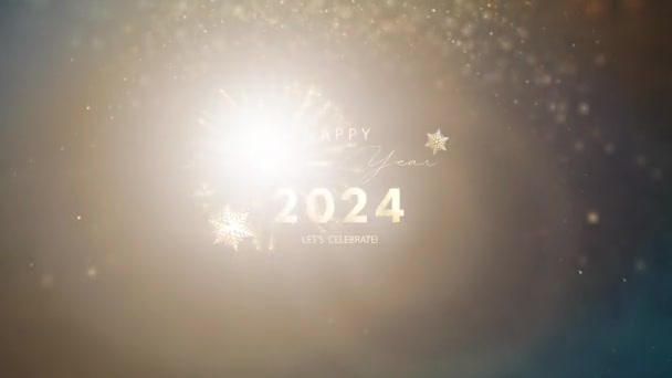 2024 Ευτυχισμένο το νέο έτος letsCelebrate χρυσό κείμενο με πτώση λάμψη νιφάδες χιονιού και φωτοβολίδα φως πυροτεχνήματα κινηματογραφικό φόντο τίτλο. Ευτυχισμένο το Νέο Έτος 2024 χειμώνα light.celebrative έννοια φόντο. - Πλάνα, βίντεο