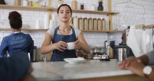 Happy woman, coffee shop and cafe, server, working and barista in startup, smile and store. Service, business owner and serving with colleague, worker and apron for restaurant, drink and waitress. - Footage, Video