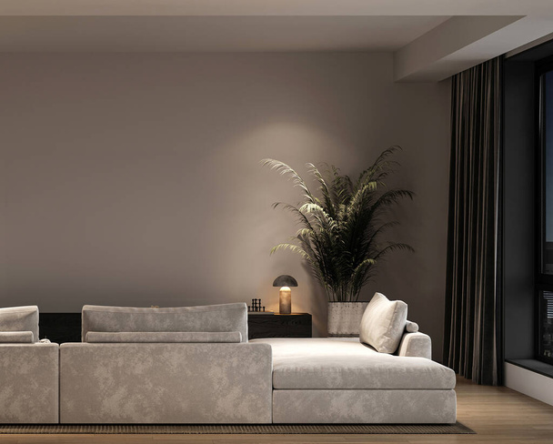 Minimalistinen olohuone, jossa on pehmeä harmaa sohva, ympäristön valaistus ja suuri ruukkukasvi, joka luo lämpimän ja kutsuvan 3d tehdä tilaa. - Valokuva, kuva