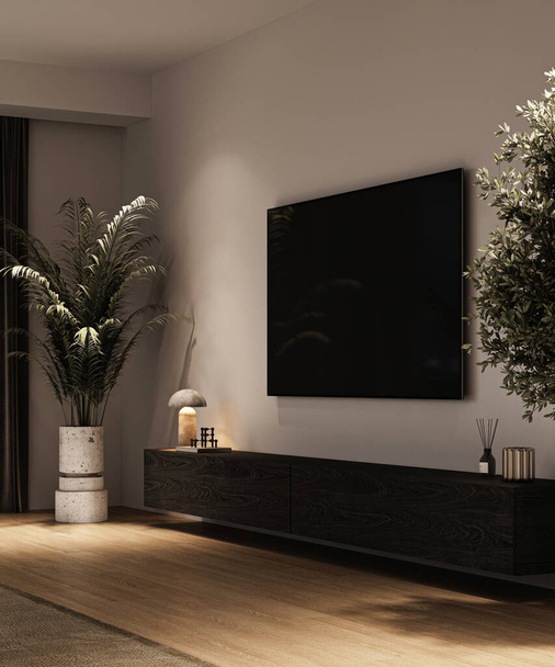 Уютный уголок гостиной с телевизором на стене, гладкой деревянной консолью, освещением внешней лампы и декоративными комнатными растениями в 3D рендеринге. - Фото, изображение